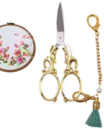 Raypontia Tijeras de bordado vintage, tijeras para manualidades pequeñas | Tijeras de costura pequeñas | Tijeras de hilo y ganchillo de estilo europeo con cadena para manualidades, costura, bordado y