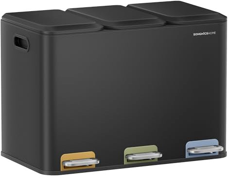 SONGMICS HOME Mülleimer Küche, 3 x 15 L Fächer, Abfalleimer mit farbcodierbaren Pedalen, Mülltrennsystem, mit Deckeln und Inneneimern, Stahl, tintenschwarz LTB740B02V1