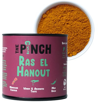 THE PINCH Ras el Hanout Sazonador del Magreb 100% Natural y Sin Sal - Saludable y fácil de usar. Muy sabroso en diversas recetas veganas, como verduras asadas, cuscús y guiso de lentejas. Paquete 45g.