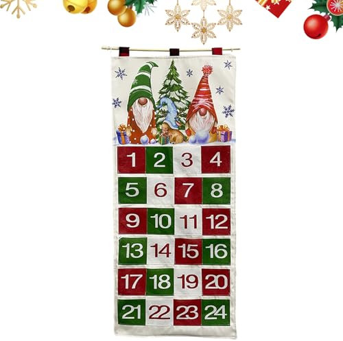 PLUSHCEWT Christmas Advent Calendar Reusable Fabric Advent Calendar with 24 Pockets Xmas Home Door Wall Hanging Ornaments Holiday Decorations 73 x 35 cm