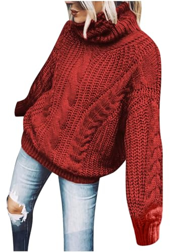 Mrat Pull à col roulé pour femme - Chaud - Uni - Manches longues - Col haut - Extensible - Coupe classique - Doux - Tendance - Basique - Couleur unie - Automne et Hiver, Rouge #01, 3XL