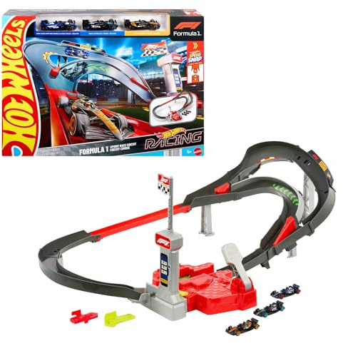 Hot Wheels Toy Car Track Set, 3 Formula 1 Die-Cast Vehicles in 1:64 Scale: McLaren F1 Team, Alpine & VCARB, Sprint Race Circuit (Teams May Vary), JDY15