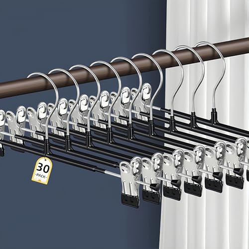 HWAJAN 30PACK Pants Hangers with Clips Adjustable Skirt Hangers for Women Black Metal Non-Slip Trousers Hanger Heavy Duty Space Saving Clothes Hangers for Shorts,Jeans,12Inch