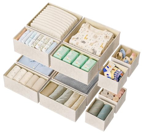 ActCosy 12 Pack Drawer Organizer for Baby Clothes, Linen Fabric Nursery Organizer for Baby Diaper, Collapsible Deep Fabric Drawer Organizer with Zipper for Socks, Bra, Towels, Ties, Beige