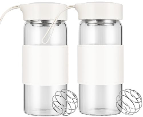 Cosmeria Shaker Glas, 16oz Shaker sans BPA inodore avec passoire intégrée et bille mélangeuse en acier 304 pour fitness & shakes protéinés, étanche (Blanc - Lot de 2)