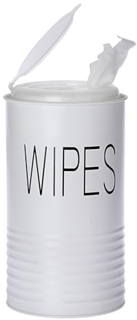 OGANAZI Contenitore per salviettine disinfettanti, dispenser bianco, rotondo, per salviettine umidificate, senza coperchio, in metallo, organizer per WC, bagno, cucina (solo scatola, senza salviettine