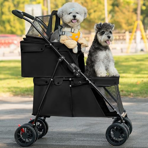 2 Livelli 3 in 1 Passeggino Pieghevole per Cane Gatto 2 Borse Staccabili Finestra in Mesh Ruote con Freni, Cuscini Rimovibili, Carrello da Viaggio per Cani Gatti
