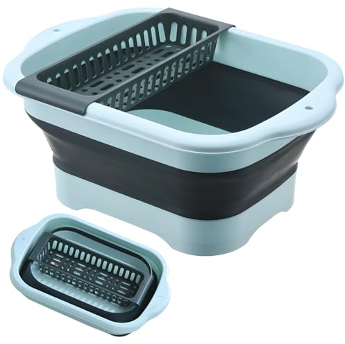Collapsible Sink Camping, Portable Foldable Wash Basin, with Integrated Drain Plug and Draining Basket, Multi-Use Dish Tub for Kitchen RV Outdoor Activities, Green