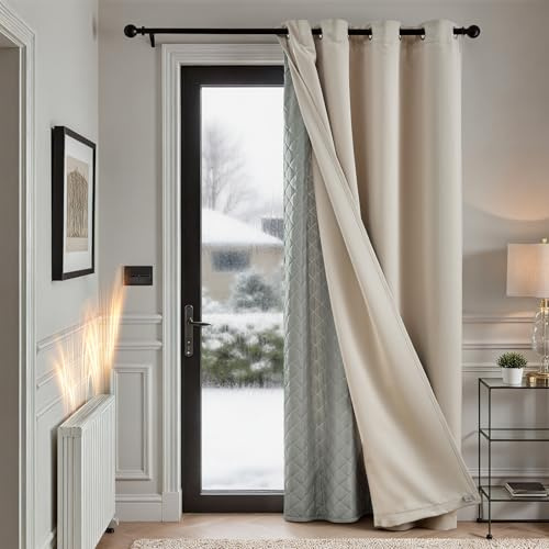 TOPICK Mörkläggningsgardin termiska dörrgardiner 203 cm hängande, avtagbar tjock mikrofiberfoder vindtät gardin för sovrum, ljudskydd för vardagsrum, beige, B 132 x L 213 cm, 1 panel