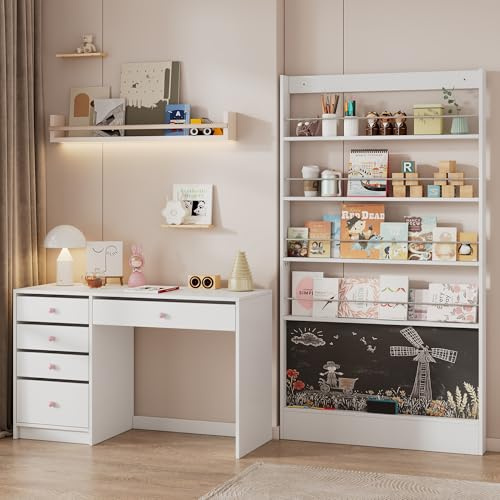 Mielvu Schreibtisch + Bilderbuchregal-Kombination, Kindermöbel-Set, Schreibzimmermöbel, 2-teiliges Schreibtisch-Regal-Set, Weißes Set