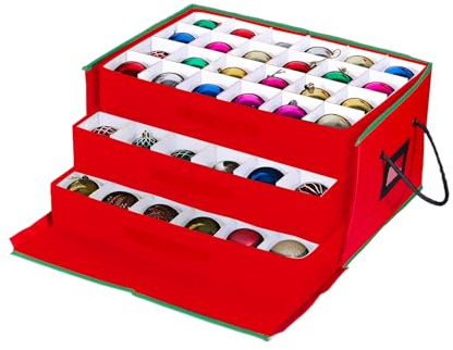 Wintem – Scatola Porta Addobbi di Natale con 3 Cassetti Estraibili per 72 Palline di Natale, Struttura Rigida in TNT 51x35x24 cm, Zip Robusta e Etichetta Trasparente per Conservazione Ordinata