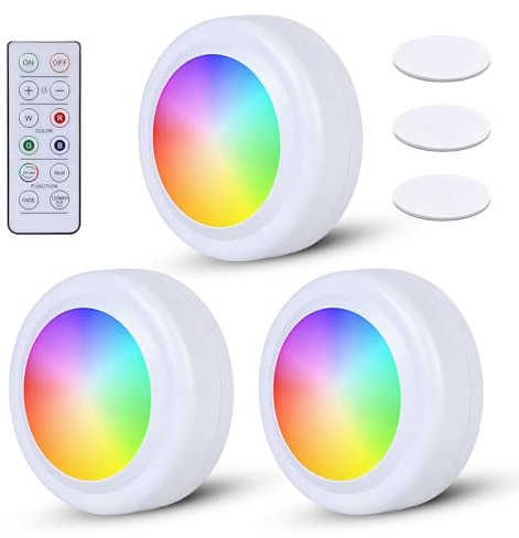VEGOATY Set di 3 Luci per Armadio da Visualizzare Senza Fili: 16 Luci per Armadio a Batteria con Cambio Colore, Luci con Telecomando e Funzione di Timer, Luce Tonda Sotto l'Unità per Armadio