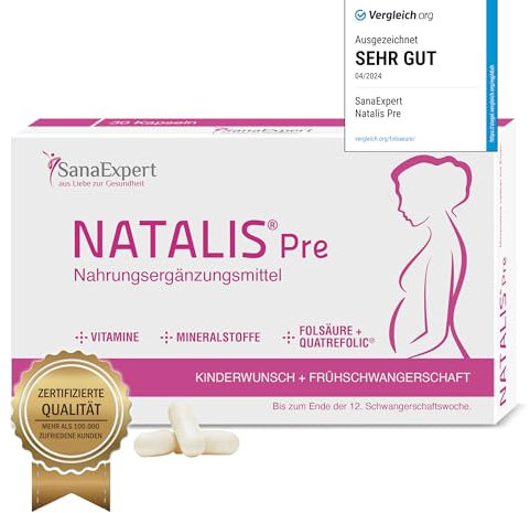SanaExpert® Natalis Pre – Folsäure, Quatrefolic®, Eisen und 21 weitere Inhaltsstoffe für Kinderwunsch und Frühschwangerschaft – 100% vegan, 30 Kapseln