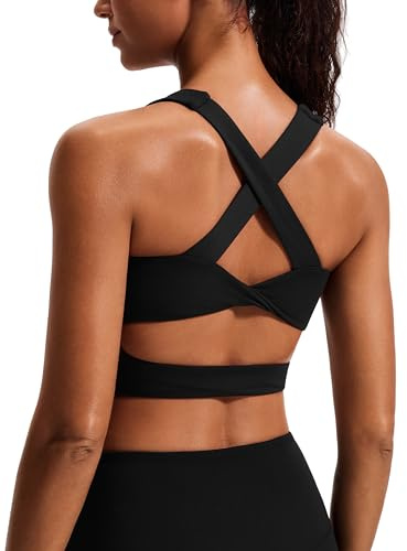 JOYSPELS Stunning Criss-Cross Back Sports Bra, Buttery Soft Longline Yoga Tank Top with Removable Padding, Padded Open-Back Workout Top for Pilates, Barre & Medium-Impact Gym Black