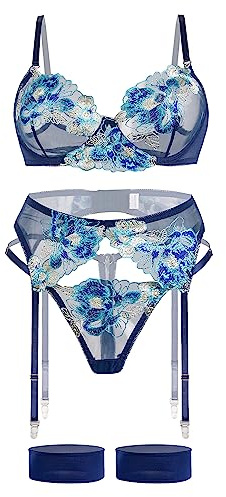 Aranmei Ensemble de Lingerie 4 pièces pour Femme avec Dentelle Florale brodée et Soutien-Gorge à Armatures avec String et Porte-Jarretelles