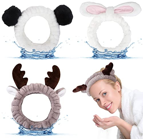 3 Pezzi Fascia Capelli Donna Trucco, FUKPO Elastiche Fasce Capelli Donna Make Up Orecchie Coniglio Panda Carina, Peluche Fascia per Capelli Struccante Maschera Lavaggio Viso Spa Doccia Ragazze