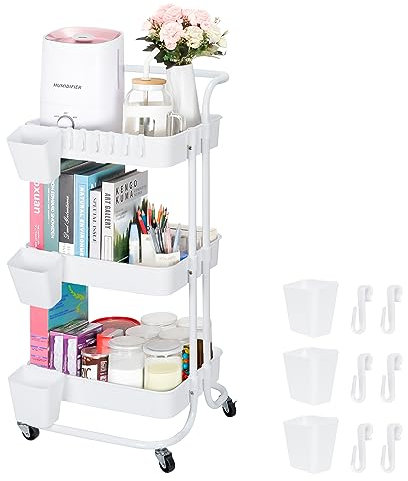 Bemece 3 Tier Trolley, Storage Trolley on Wheels with PP Draining Basket for Kitchen Bathroom Laundry and Office(white)