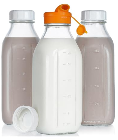 Dwbligt 32 oz Empty Glass Milk Bottles with Silicone Dispenser Cap, Clear Water Bottles with Leak Proof Lid and Scale Mark, Reusable Glass Jars for Juice, Milk, Iced Tea, Set of 3