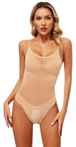 Sywiyi Body transparente de una pieza para mujer, con tirantes ajustables, ropa interior, lencería elástica, Un café en la entrepierna abierta, Talla única