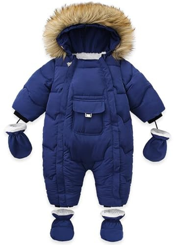 ZYXKTA Baby Snowsuit Toddler Winter Romper Infant Girls Boys Unisex Hooded Jumpsuit with Gloves Footie Down Coat Navy Blue 18-24 Months