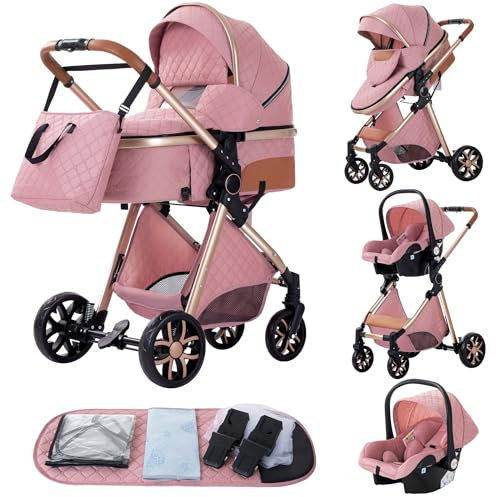 YAZOCO Kinderwagen 3 in 1, Kombikinderwagen 3 in 1 Einem Klick Faltbar Baby Kleinkind Neugeborene, Mama Tasche, Moskitonetz, Regenschutz, Kinderwagen Rahmen Aluminiumlegierung (LV9 Pink)
