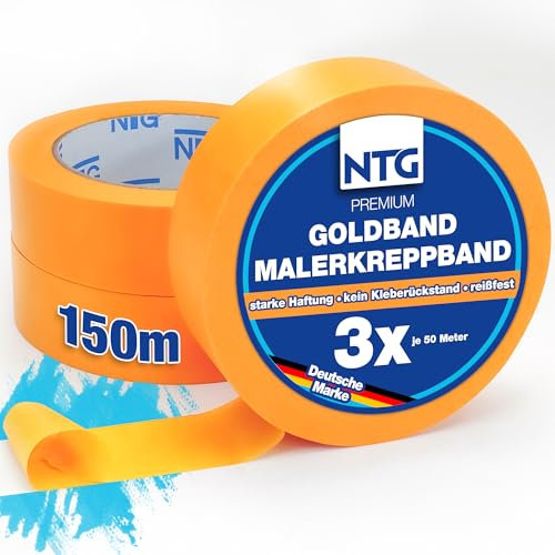 NTG Premium Goldband 3 rouleaux 30 mm × 50 m = 150 m Ruban de peintre professionnel pour des bords parfaits Ruban crêpe, ruban de masquage & Washi Tape Ruban de masquage extra fort
