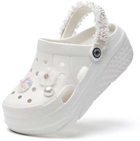 SECHRITE Zoccoli da donna con plateau, cinturino con tacco in tweed, comode, scarpe casual da donna, sandali alla moda, solette rimovibili, bianco, 39.5 EU