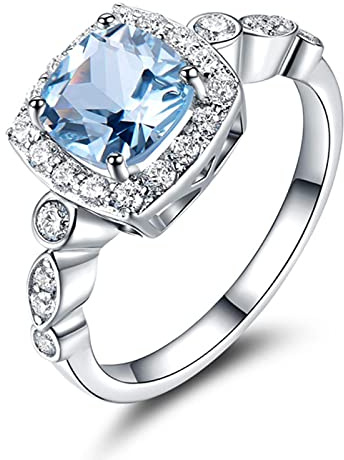 925 Sterling Silver Rings for Women Blue Topaz Real Gemstone Aquamarine Cushion Romantic Classic Gift Engagement Fine Jewelry