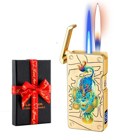 Dachance Luxury Gas Butane Lighter Mother of Pearl Inlay 5 Ignition Modes :Blow, Shake, Voice, Tap, Button, Blue Jet Flame windproof, Digital Fuel & Usage Display, Refillable, Men Gift (Fortune Lion)