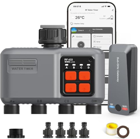 johgee Bewässerungscomputer WLAN 4 Ausgänge mit 300M RF-Technologie, Bewässerungsuhr für Gartenbewässerung Kompatibel mit Alexa & Smart Life App, Automatischem Bewässerungssystem für Garten Rasen