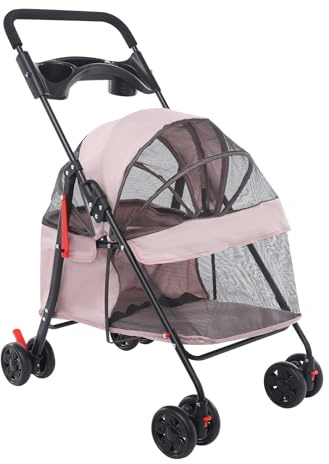 KiwiHood Carrito plegable para perros y gatos pequeños y medianos de hasta 40 libras, carrito para mascotas plegable con ruedas giratorias de 360 grados para viajes, compras y paseos (rosa)