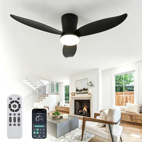 42 Ceiling Fan with Light, APP & Remote, Dimmable LED, Reversible DC Motor | Black Ceiling Fan Light,18W 1620LM Dimmable LED,6-Speed Quiet Reversible DC Motor, Timer Memory for UK Bedroom Living Room