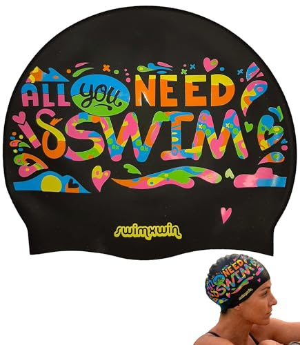SWIMXWIN Bonnet de Bain Silicone Femme All You Need Fille Mixte des 5 Ans Design Rigolo Amusant Original Piscine Entrainement Aquagym Waterpolo Cadeau Sportif Natation Famille Club