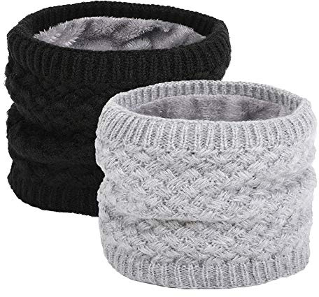 EPEIUS Kids Girls/Boys Winter Knitted Infinity Scarf Children Warm Soft Polar Fleece Neck Warmer 2 Pack,Black and Grey