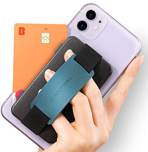 Sinjimoru - Cardzip - Tarjetero para móvil con banda elástica, tarjetero para la parte posterior del teléfono, agarre seguro de silicona y soporte para teléfono, Tarjetero (Negro) Banda (Azul cerceta)