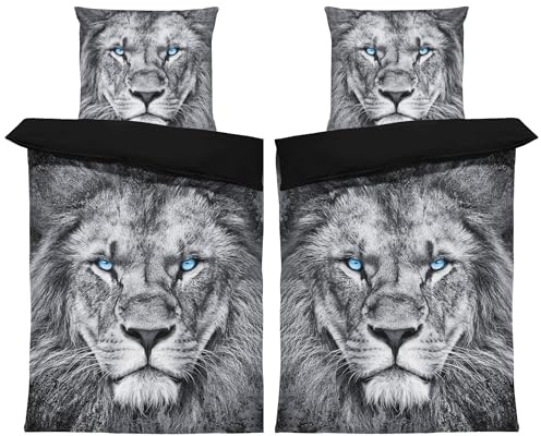 one-home Bettwäsche 135x200 cm Mikrofaser Bettbezug Kinderbettwäsche Fotodruck modern weich und kuschelig knitterfrei für Sommer und Winter geeignet, Farbe:Löwe schwarz, Größe:4 teilig 135x200 cm