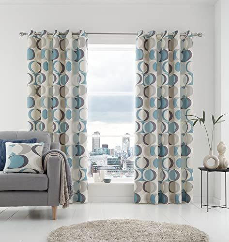 Fusion Retro Vector Eyelet Curtains – W46 x L72 (117x183cm) – Duck Egg Blue Geometric Print – 100% Cotton – 2 Panels – Crescent Circle Design – Bedroom & Living Room Drapes – Modern Style