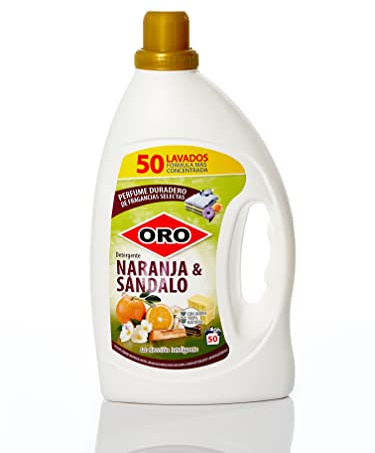 ORO Detergente líquido para lavadora - Naranja y sándalo 2,5 litros - 50 lavados - Gran poder antimanchas y máxima blancura - Jabón 100% natural