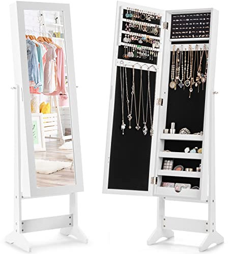 RELAX4LIFE Specchio Portagioie da Terra, Armadietto Portagioie on Specchio a Figura Intera, Organizzatore per Gioielli e Accessori (Bianco, 30x35x144 cm)