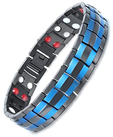 MagEnergy Pulseras magnéticas de acero de titanio para hombre, 4 elementos, doble fila, imanes ultra resistentes, con herramienta de extracción de eslabones ajustables y caja de regalo de joyería (dos