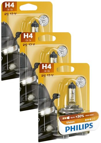 Philips Vision H4 Ampoule De Phare Avant, plus 30% De Luminosité, Blister De 1 (Lot de 3)