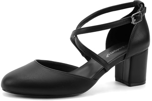 Greatonu Damskor med klack eleganta korsade band dekollaps stängd tå bröllopshäls sandaler tight mellanklack bred klack