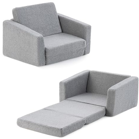COSTWAY Kids Sofa Bed, 2-in-1 Flip Out Toddler Couch Lounger with Machine Washable Cover, Convertible Children Armrest Chairs for Boys Girls (Gray, 59 x 44 x 40cm)