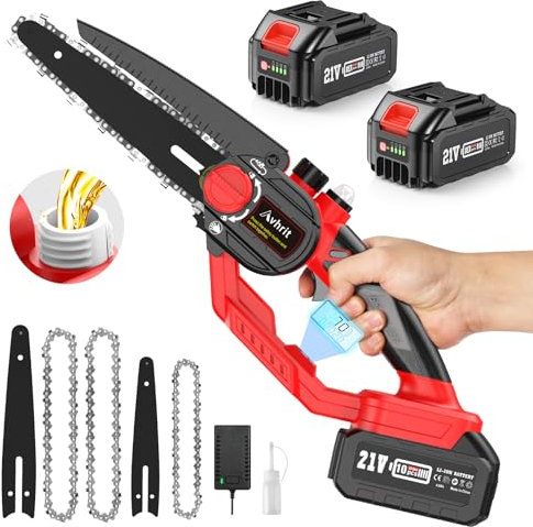 Avhrit Mini Motosierra Bateria 8 y 6 Pulgadas, Motosierra Eléctrica, 8000 mAh(2*4 Ah), Motor Sin Escobillas, Ajuste de Cadena Sin Herramientas, Bomba de Aceite, Pantalla Digital, Deflector Engrosado