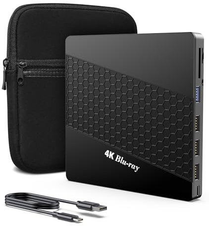 XRTFORE 4K UHD Blu Ray Drive for PC, Portable Player with SD/TF Port, Carry Case, US8 3.0 HD Blu-Ray Player, External Optical Drive for MacBook Pro, Windows Laptop