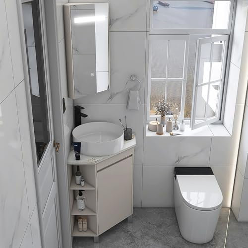 LLYLAFDC Eckwaschbecken-Kombination Für Badezimmer, Schiefertischplatte, Rundes Keramikwaschbecken Über Der Theke, Kleine Eckwaschbecken Mit Standfuß Für Kleine Räume(15in/38cm)