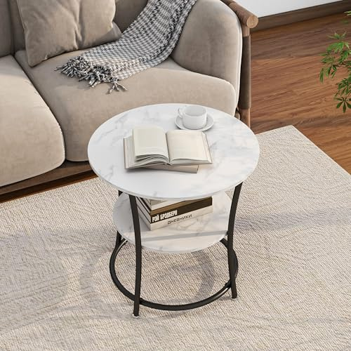 BORPHOM Round Coffee Table,Sofa Side Table,End Table with Metal Frame,For Small Space,Living Room,Bedroom,2-Tier Circle Coffee Table with Storage Shelves,White