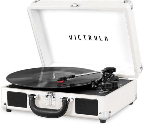 Innovative Technology Victrola Journey+ Vintage 3-Speed Bluetooth Portable Suitcase Record Player with Built-in Speakers | Upgraded Turntable Audio Sound| Includes Extra Stylus | White/Silver