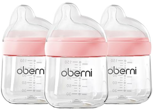 Oberni Babyflaskor med Off-Centered NaturalWave-napp storlek 1 nyfödd spädbarn från 0+ månader, 150 ml, rosa, 3 stycken