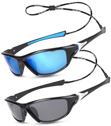 Utensilsto Lot de 2 paires de lunettes de soleil polarisées pour homme et femme avec sangle UV 400 pour cyclisme, conduite, ski, golf, pêche, conduite, randonnée, noir, bleu, Taille unique